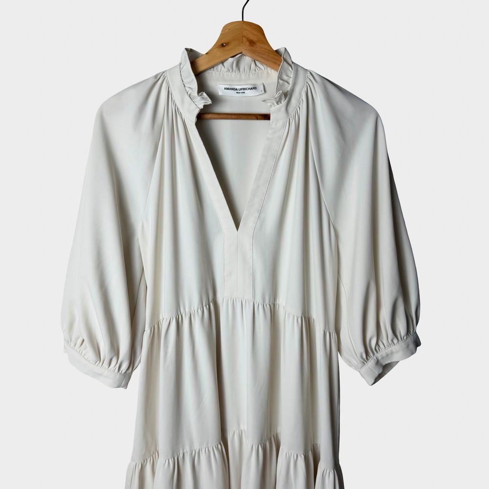 Amanda Uprichard Ivory Tiered Midi Dress Ruffle Neck Size S Coastal Minimalist - Picture 3 of 12